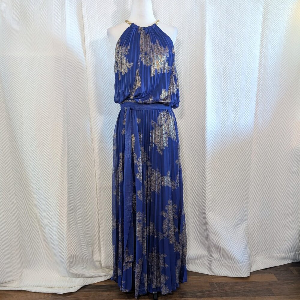MSK Cobalt Blue Gold Foil Pleated Maxi Dress Chain Halter Neck Gown Size 6